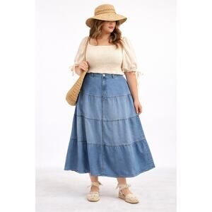 Denim Midi Skirt Tiered Blue Jean Plus Size Skirt Women’s 20W Modest Boho